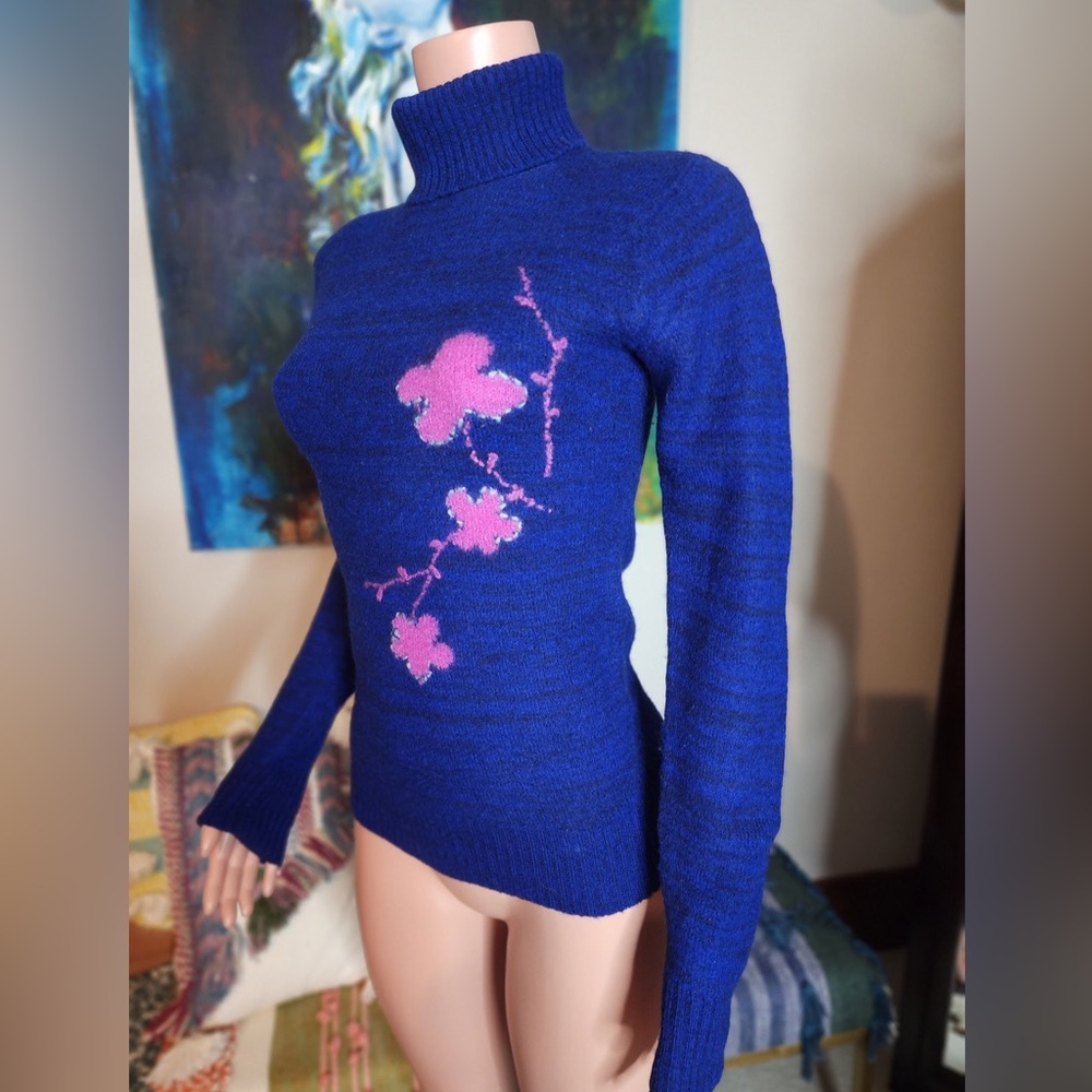 Rare Tsumori Chisato Blue Cherry Blossom Turtleneck Sweater S/M